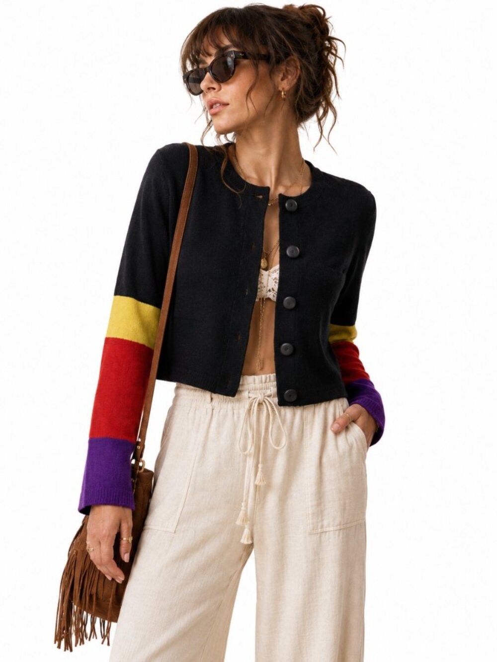 Vintage 90s Andrea Jovine Wool Cropped Cardigan XL Colorblock Artwear Sweater
